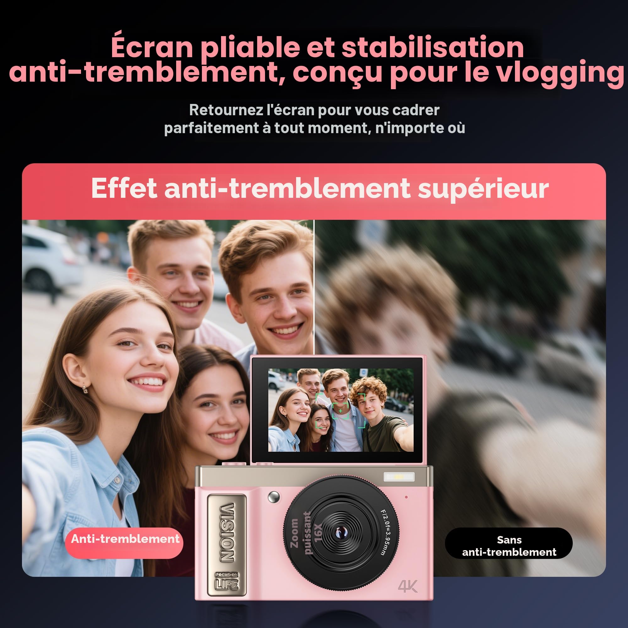 Appareil Photo Numérique 4K Digital: 64MP Appareils Numérique avec Écran Rabattable 180° - Camera pour Vlog avec Carte 32GB - pour Adolescents Débutants Adultes Enfant Rose YYZA9