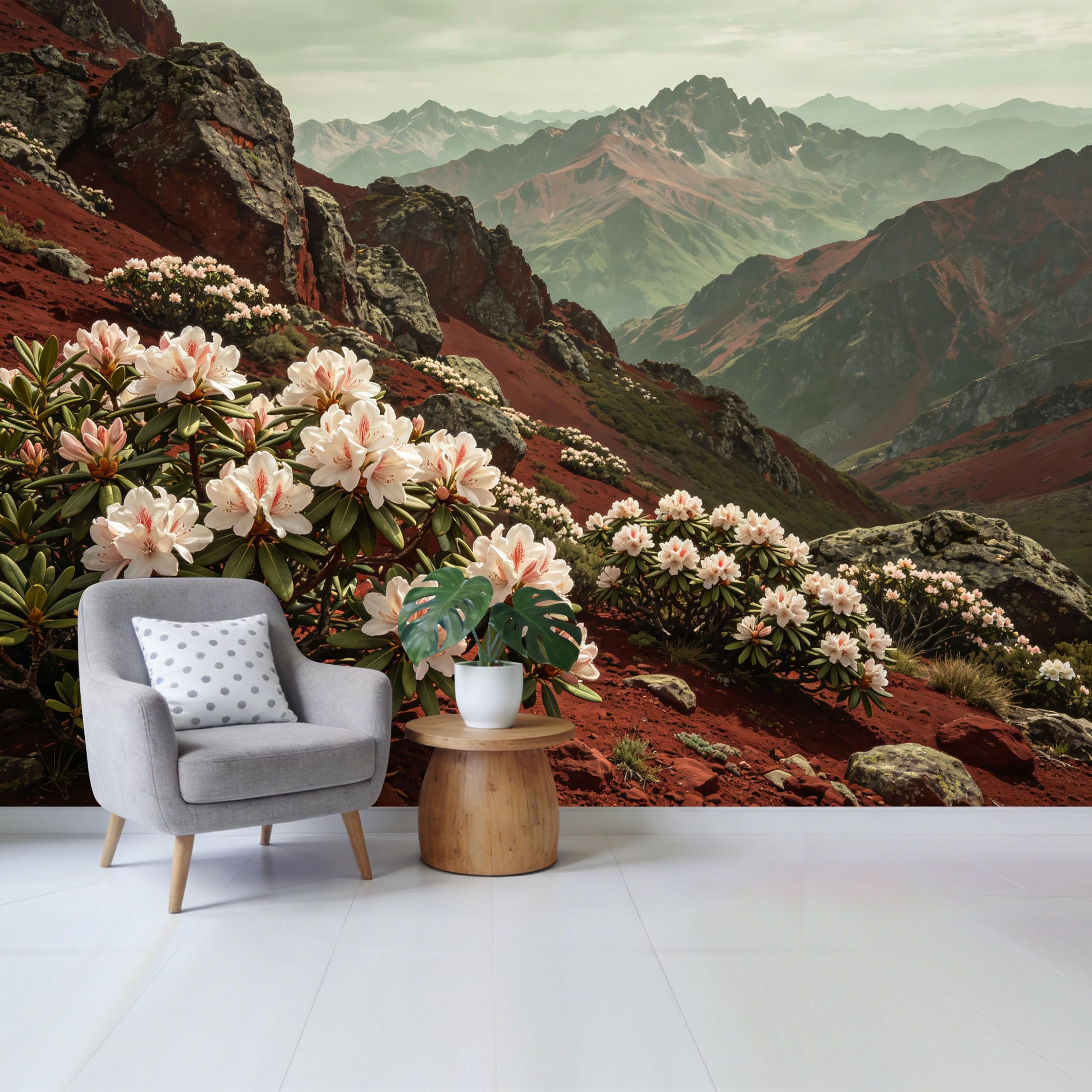 Qzlithotic Yq2605250815 Custom Size Wall Mural Blooming Rhododendron Flowers Mountain Landscape Nature Scenic View Selfadhesive Wall Fabric Removable Wallpaper For Home Office Decor
