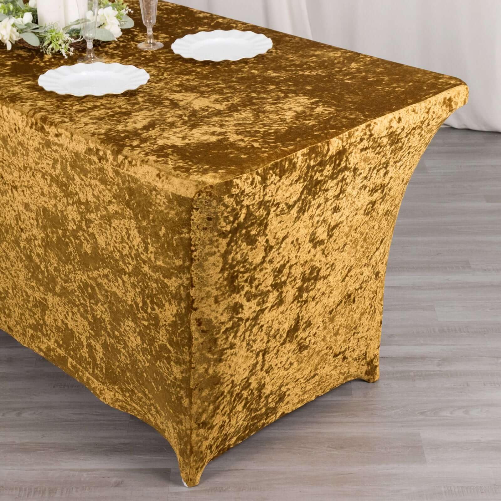 Efavormart 6ft Gold Crushed Velvet Stretch Fitted Rectangular Table Cover