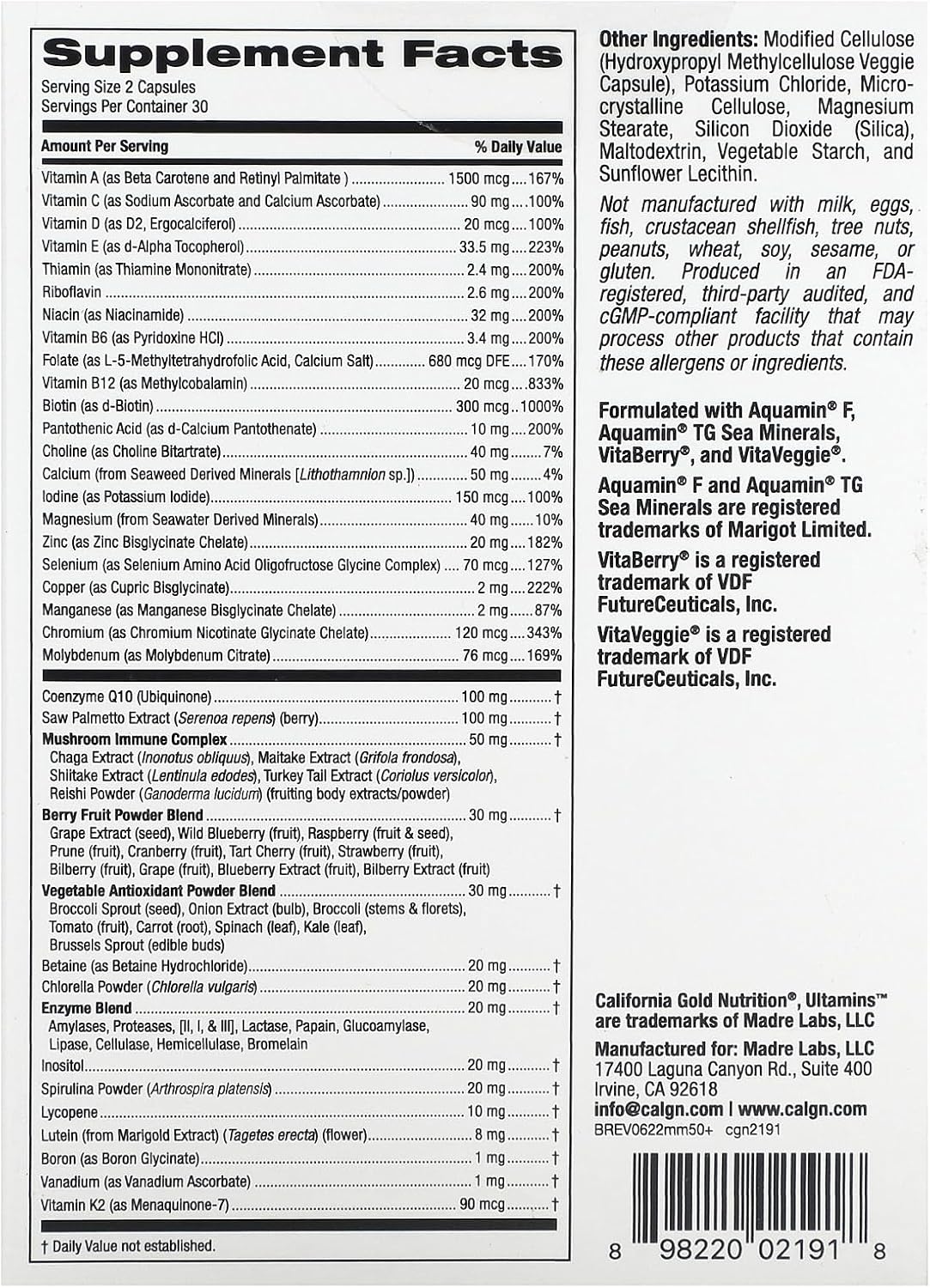 California Gold Nutrition Ultamins Men's 50+ Multivitamin with CoQ10, Mushrooms, Enzymes, Veggies & Berries, 60 Veggie Capsules