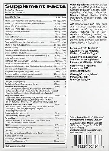 Miniatura 2 de Ultamins - Multivitamínico para hombres 50+ con CoQ10, hongos, enzimas, verduras y bayas, 60 cápsulas vegetales, California Gold Nutrition