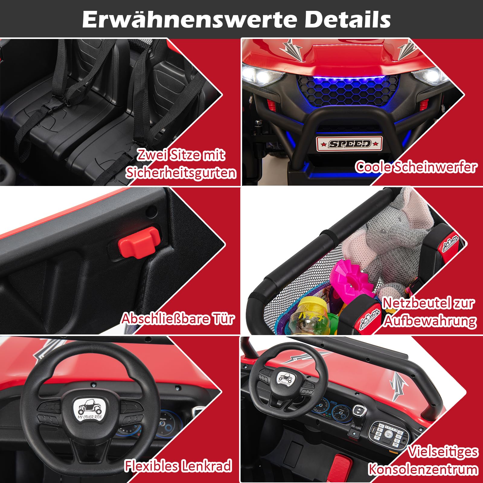 GOPLUS Samochód elektryczny dla dzieci, 12 V, 2-osobowy pojazd z pilotem 2,4 GHz, reflektor, muzyka, fajne świetlne efekty i torba do przechowywania