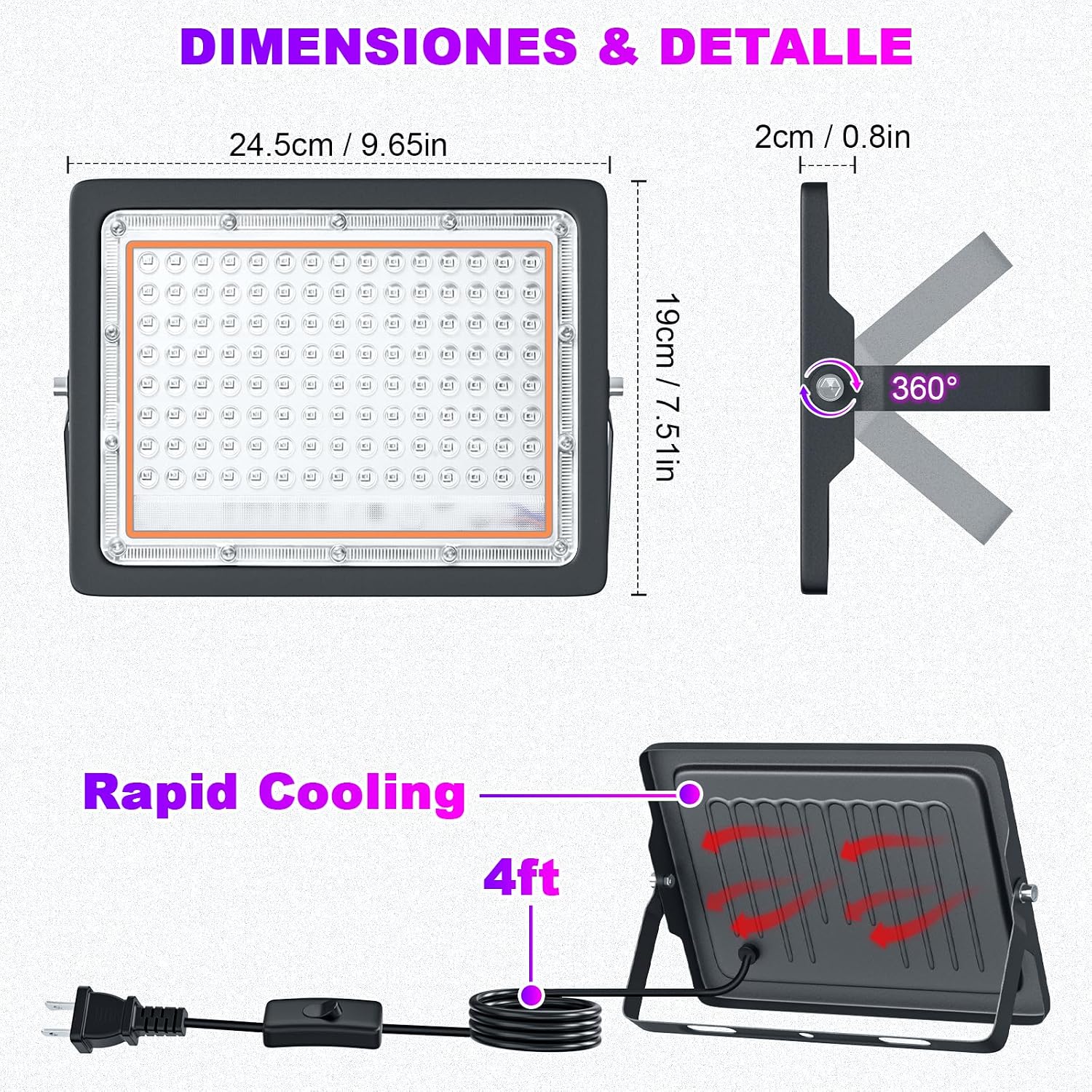 2 Pack 100W Black Lights, Blacklight Flood Light with Plug and Switch, LED Black Light for Glow Party, Glow in The Dark, Halloween Light, Body Paint, Fluorescent Poster