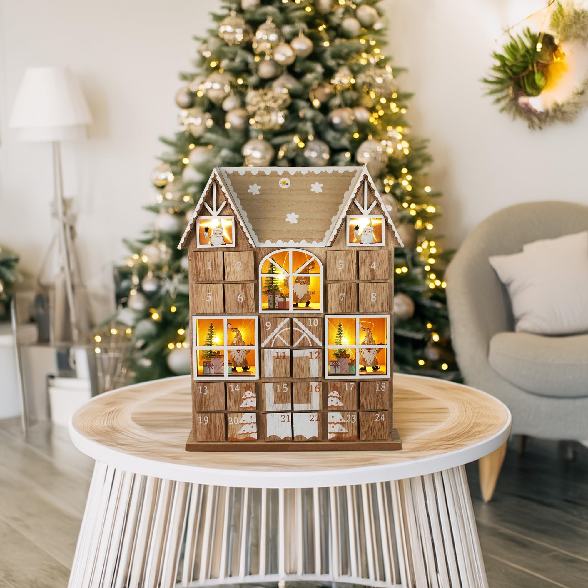 Well Home LED-Adventskalender aus Sperrholz mit Boxen und Lichtern