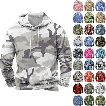 Camo Hoodie Men Long Sleeve Camouflage Drawstring Hooded Sweatshirts Casual Sports Soft Pullover Shirts with Pocket