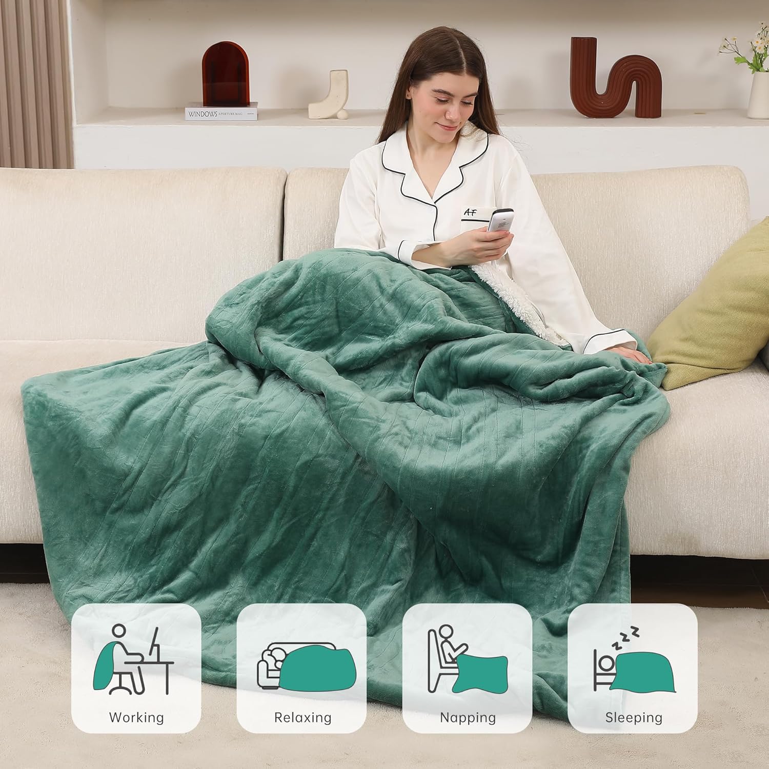ESTINGO Full Electric Blanket, Heated Electric Blanket with Flannel and Sherpa, Washable Plush Heated Blanket with 6 Heating Levels & 1-10 Hours Auto Off, 72" x 84", Forest Green - Image 5