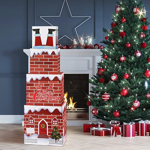 Teling Caja de regalo de Navidad de 4 piezas, cajas de regalo apilables de Navidad, caja de regalo apilable para chimenea grande, Papá Noel,
