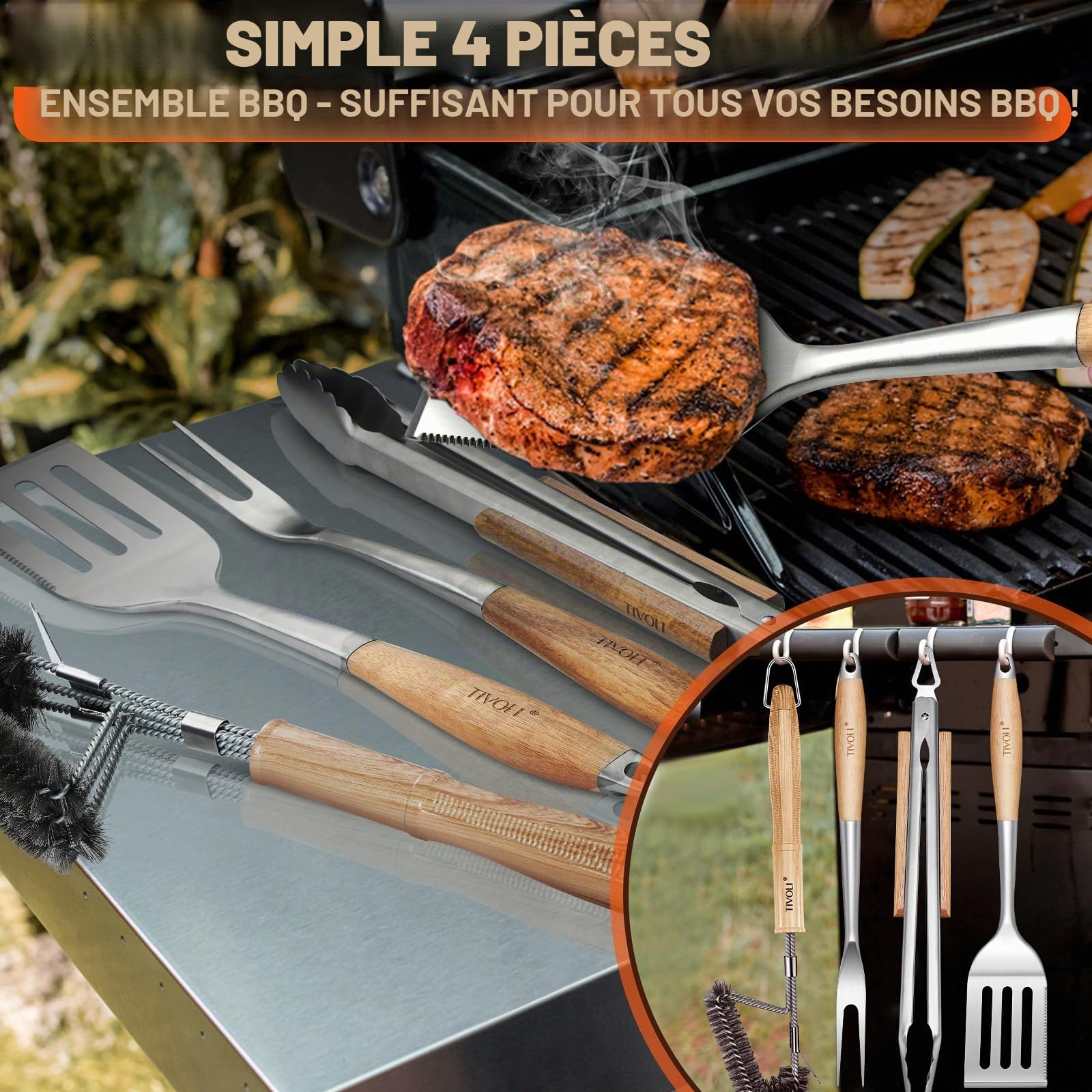 TIVOLI Lot de 4 ustensiles de barbecue en acier inoxydable avec poignées en bois