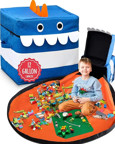 XXL Toy Storage Organizer with Play Mat – Dinosaur & Monster Storage Bag/Box for Kids, Boys, Nursery, Playroom – Toy Chest Basket for Building Bricks & Blocks 15x15x15