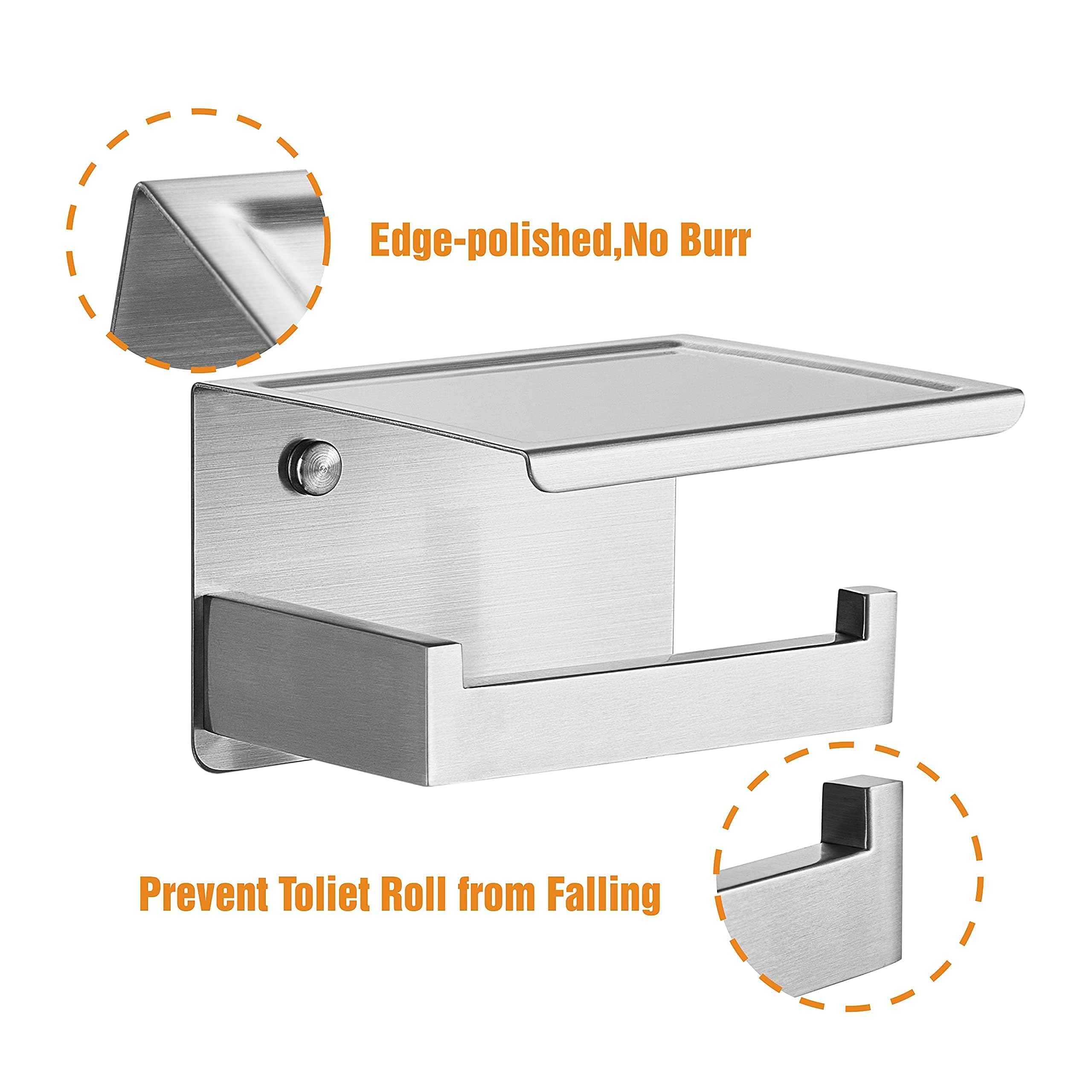 HITSLAM Porta Rotolo Carta Igienica da Parete con Porta Cellulare Senza Foratura Portarotolo Carta Igienica Adesivo Acciaio Inox Portacartaigienica per Gabinetto Bagno - Acciaio Spazzolato