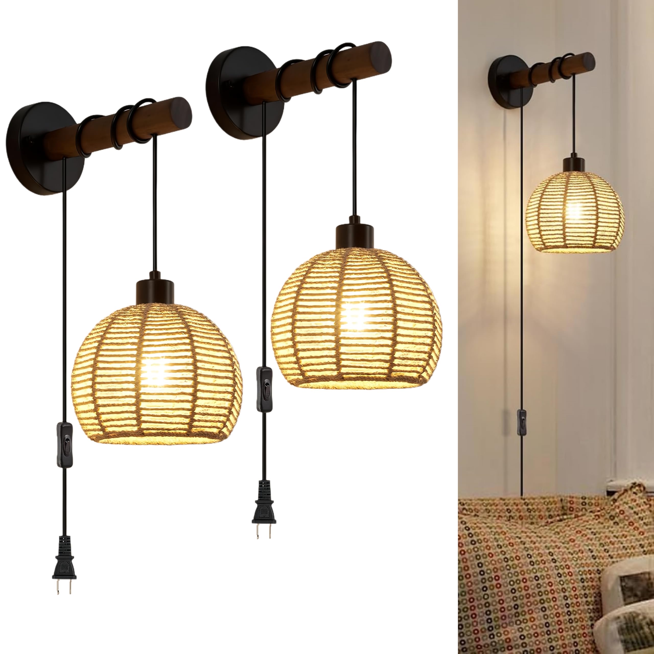 SGLfarmty Plug in Wall Sconces Set of 2, Boho Rattan Wall Mounted Lights with Plug in Cord Hand, Farmhouse Woven Hemp Rope Wall Bedside Lamps, Indoor