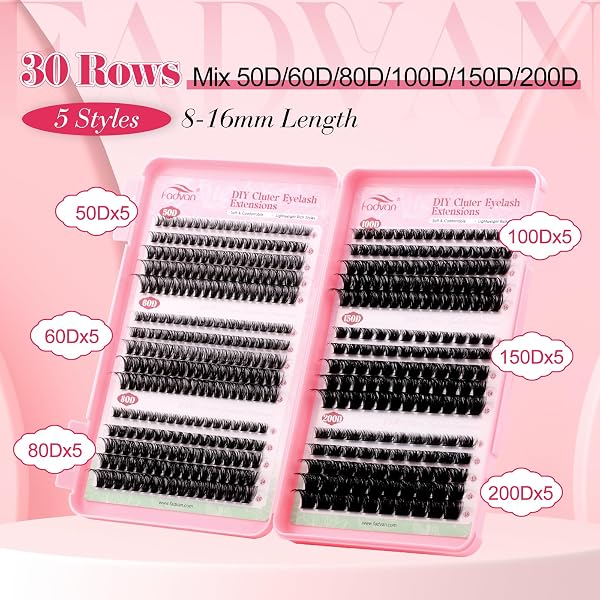 FADVAN Individual Eyelashes 50D+60D+80D+100D+150D+200D DIY Eye Lashes Fluffy Russian Eyelashes Extensions D Curl Strip Eye Lashes Clusters (8-16mm Mix) - 3