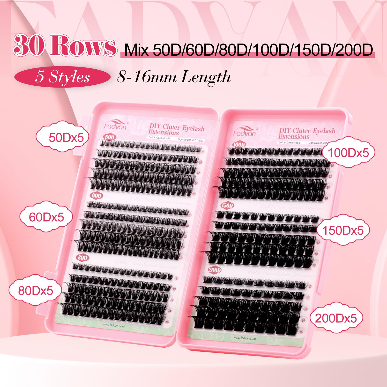 FADVAN Individual Eyelashes 50D+60D+80D+100D+150D+200D DIY Eye Lashes Fluffy Russian Eyelashes Extensions D Curl Strip Eye Lashes Clusters (8-16mm Mix) - 3