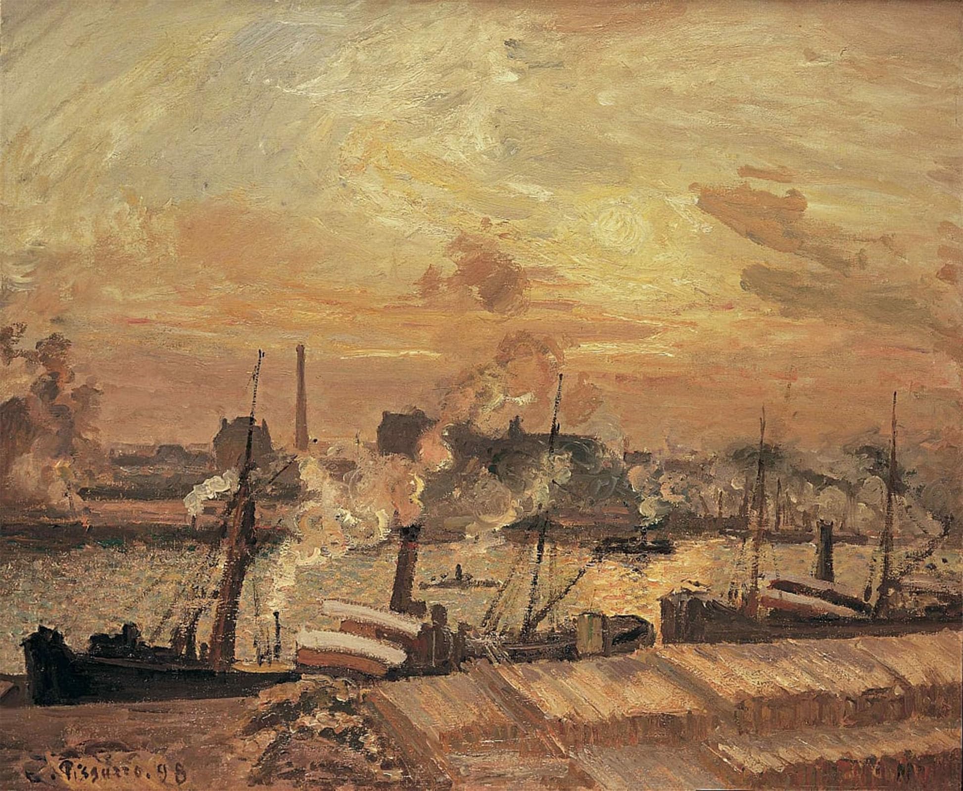 ARTXLXXBN Famous Painting Canvas Artwork Graffiti Print Unloading of Wood Quay of the Stock Exchange Sunset by Camille Jacob Pissarro Portrait Canvas Image for Home Decor 60x90cm