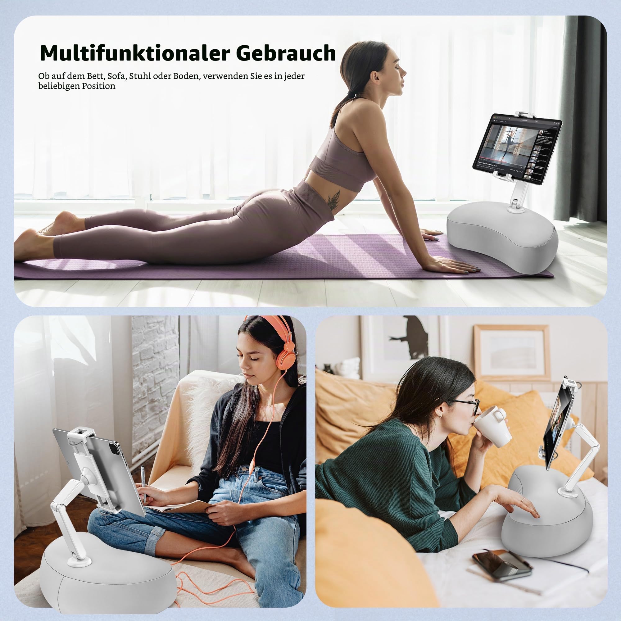AboveTEK Tablet Kissen Halter, ipad Halterung für Schoß/Sofa mit Weichem Sitzsack, Mehrere Winkel Verstellbar Arm, ipad-Halter Bett für Kindle Handys Tablets von 4,7 bis 12,9 Zoll (Grau)