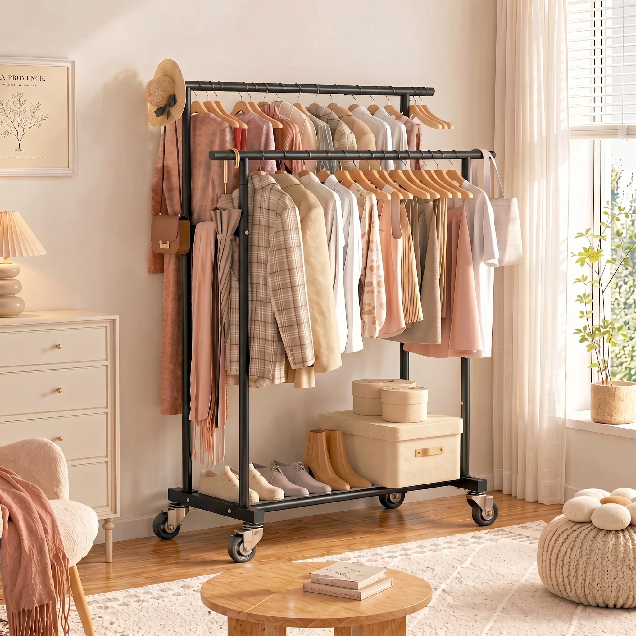 Calmootey Portant à vêtements à double tringle, porte-vêtements à roulettes, organiseur de vêtements portable pour chambre à coucher, salon, magasin de vêtements, noir | Tiges haute-basse, deux roues verrouillables, cadre en métal robuste, gain de place,