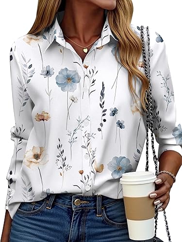 ZEAGOO Camisa de manga larga con botones para mujer, blusas con estampado floral, trajes de trabajo casuales de negocios, tallas S-XXL