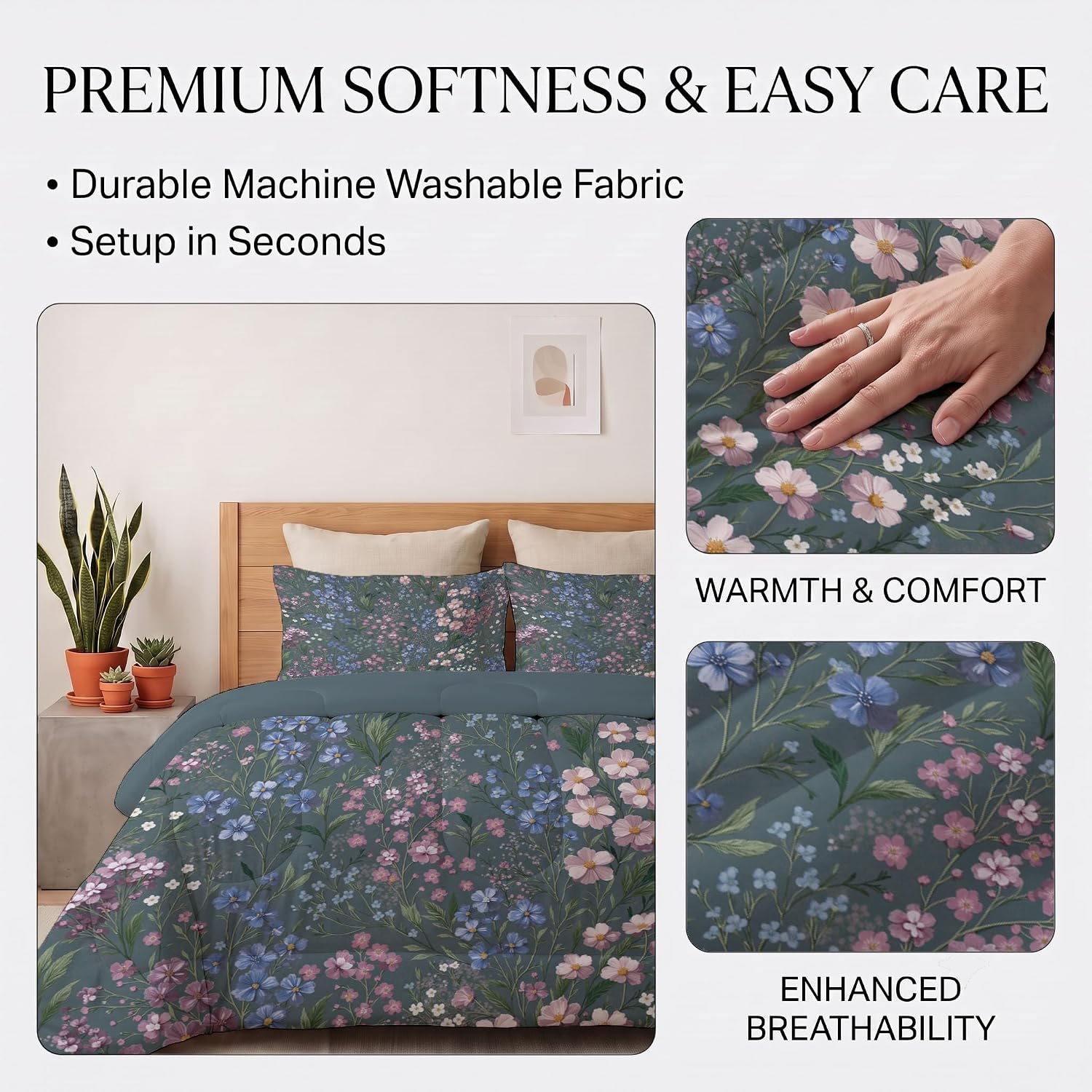 Garden Flowers Comforter Set King Size, Fresh Wildflowers Bedding Set for Girls Boys, Light Blue Quilt Bed 104"X90" Bedding Comforter Sets with 2 Pillowcase Room Decor