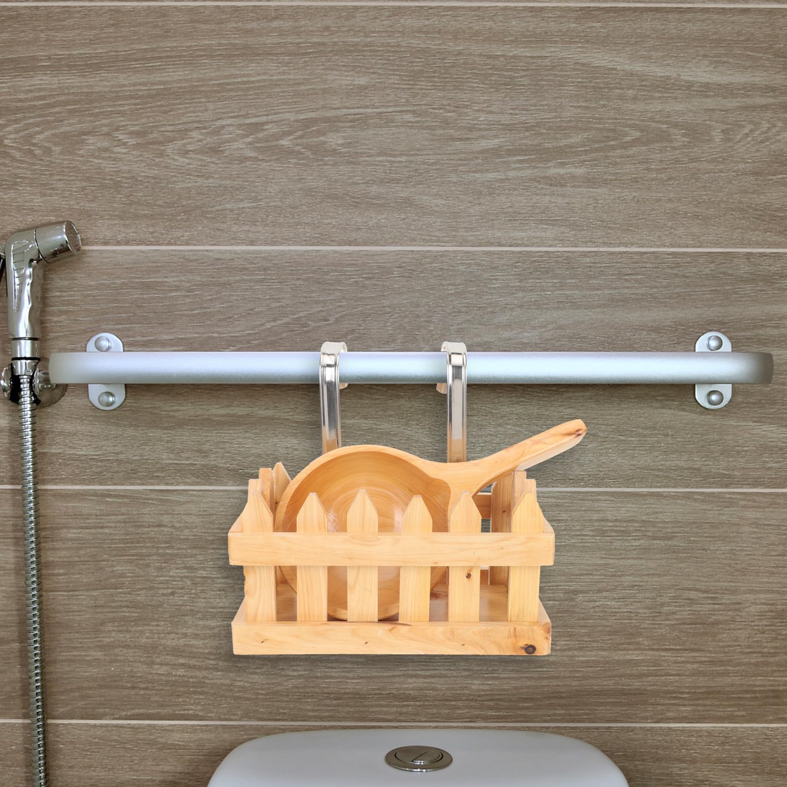 Cestino Porta Mestoli D'acqua e Portaoggetti da Appendere Bagno in Legno Resistente, Cestino Sospeso Multiuso per Organizzazione Sapone e Detergenti, Accessori Bagno per Doccia