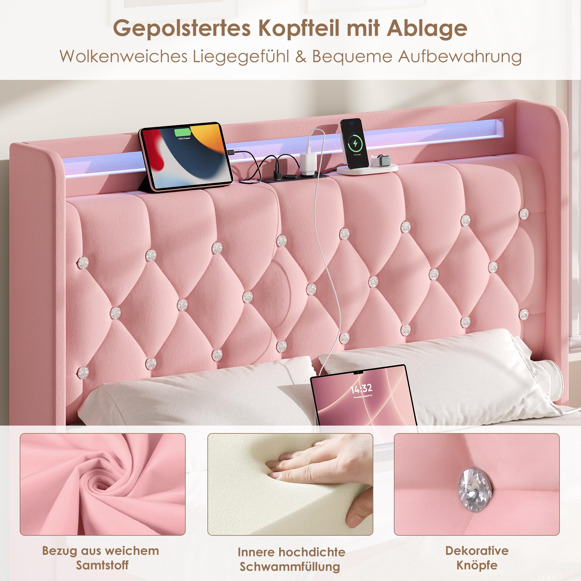 FOREHILL Polsterbett 140x200 cm Bett mit LED, Ladestation und 4 Schubladen