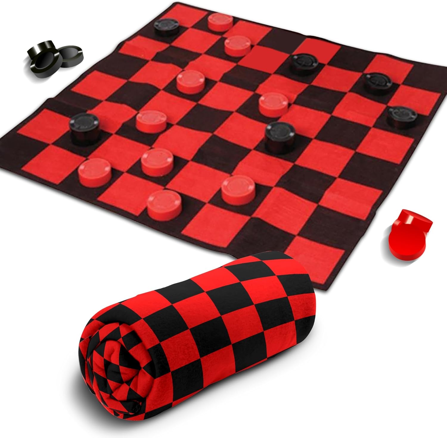 Giant Checkers Rug Set by Gamie - 34.5 x 34.5 Inch Jumbo Checker Board Floor Mat Game with Huge Pieces - Great Gift Idea for Boys and Girls, Fun Birthday Party Activity - Play Room Rug - Red and Black : Toys & Games