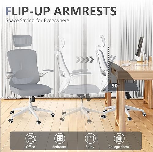 Miniatura 47 de Silla de oficina ergonómica, silla de escritorio ajustable de malla resistente con ruedas, reposabrazos y soporte lumbar, cómoda silla para oficina