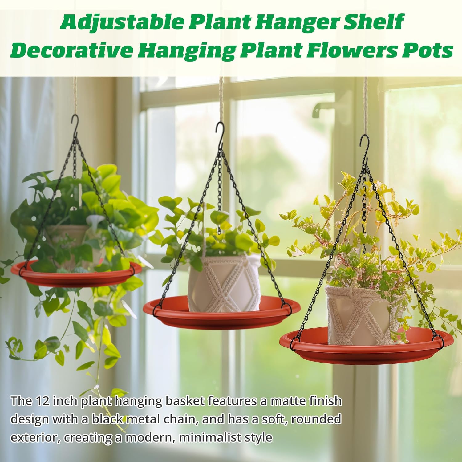 Hanging Planter for Indoor Outdoor Plants, 12" Plant Saucer with Basket Chains, Adjustable Plants Hanger Shelf Decorative Hanging Plant Flower Pot for Window Wall Ceiling Home Decor(10 Pcs,Brick Red)
