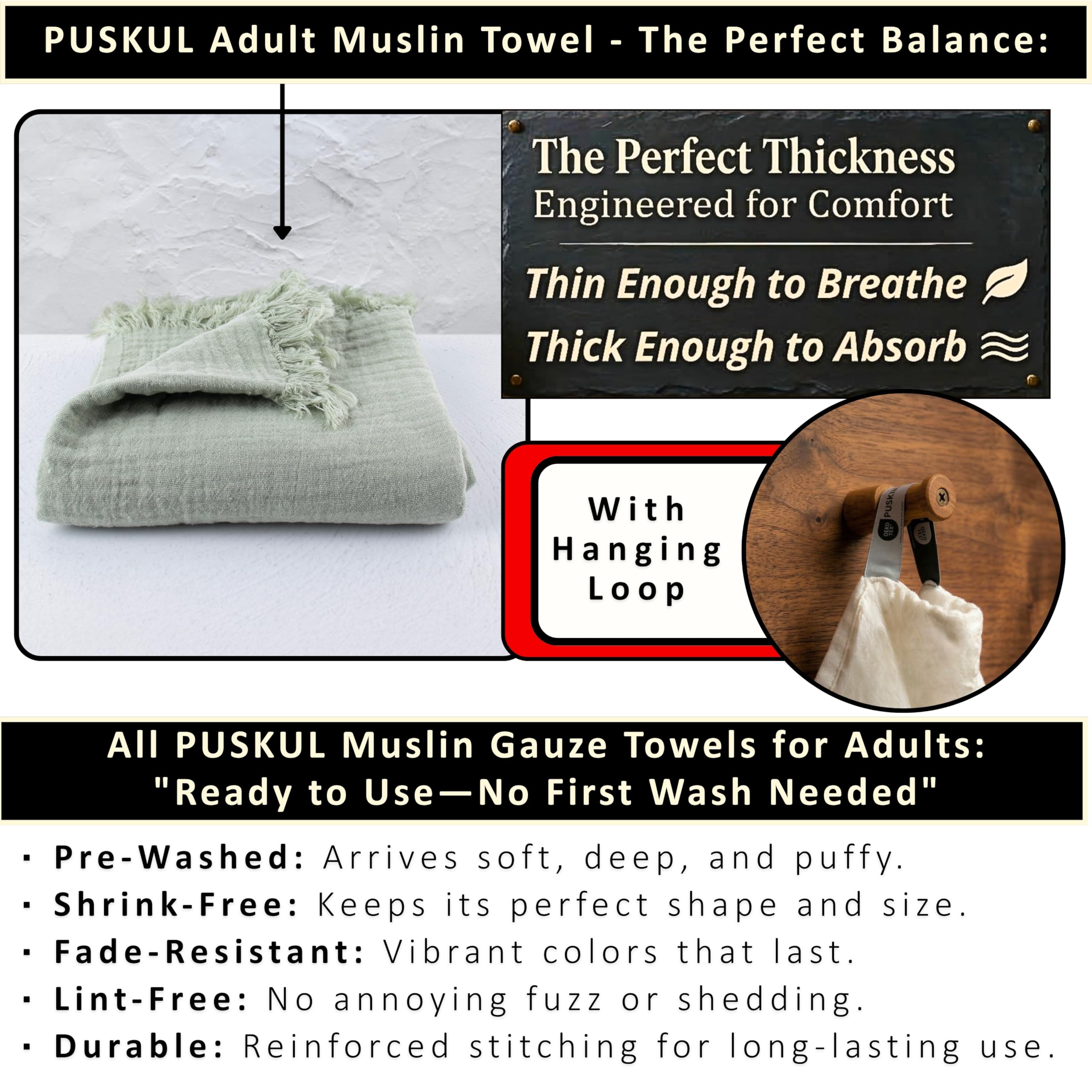 Puskul - Asciugamani da bagno in mussola in mussola, confezione da 2, leggeri e leggeri – oversize 33 x 67, 100% cotone organico turco in mussola per adulti (verde ghiaccio)