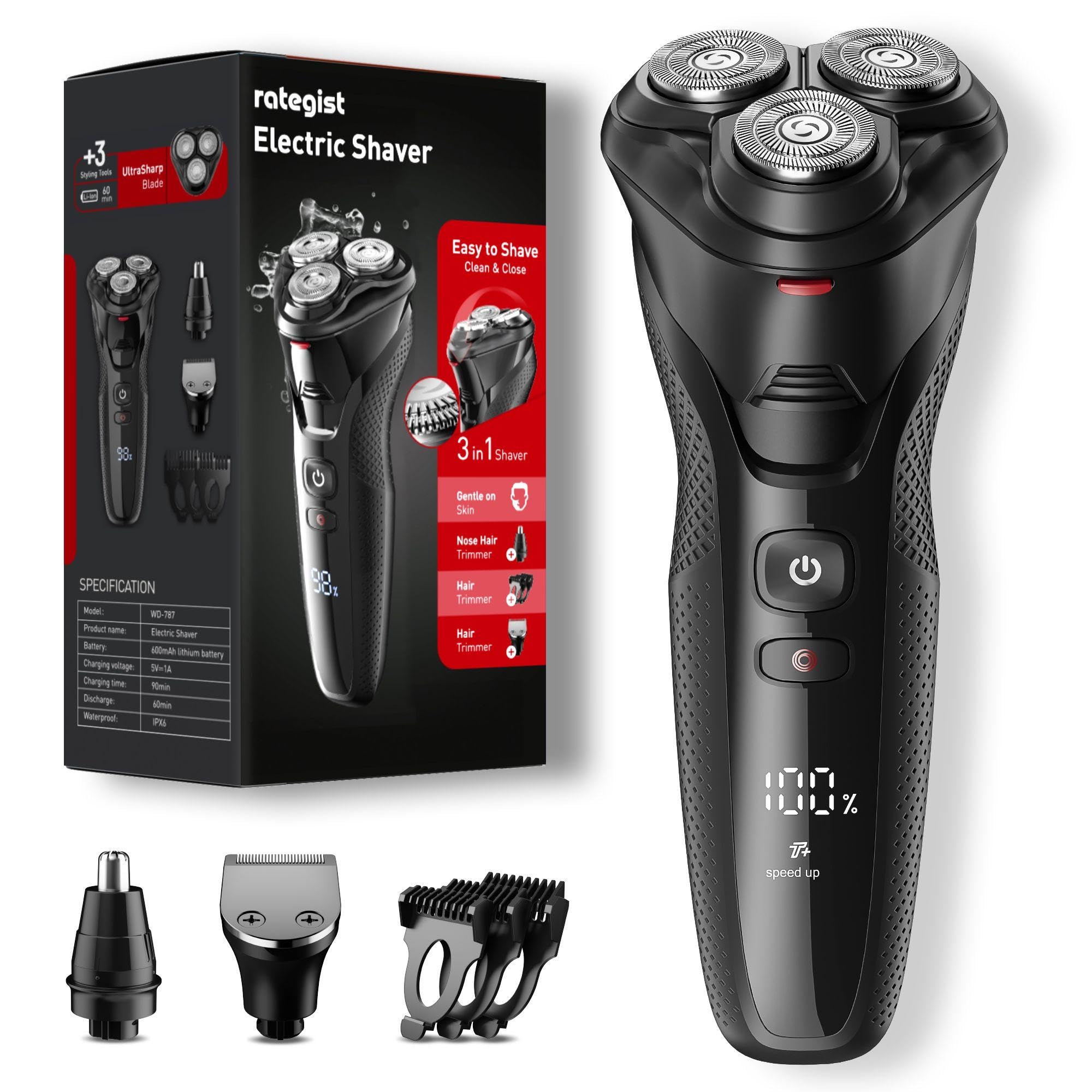 Wiederaufladbarer Elektrorasierer für Herren: 3-in-1-Rasierer mit IPX7-Wasserschutz, One-Touch-Beschleunigung, HD-Display, Reise-Sicherheitsverschluss und USB-Ladefunktion