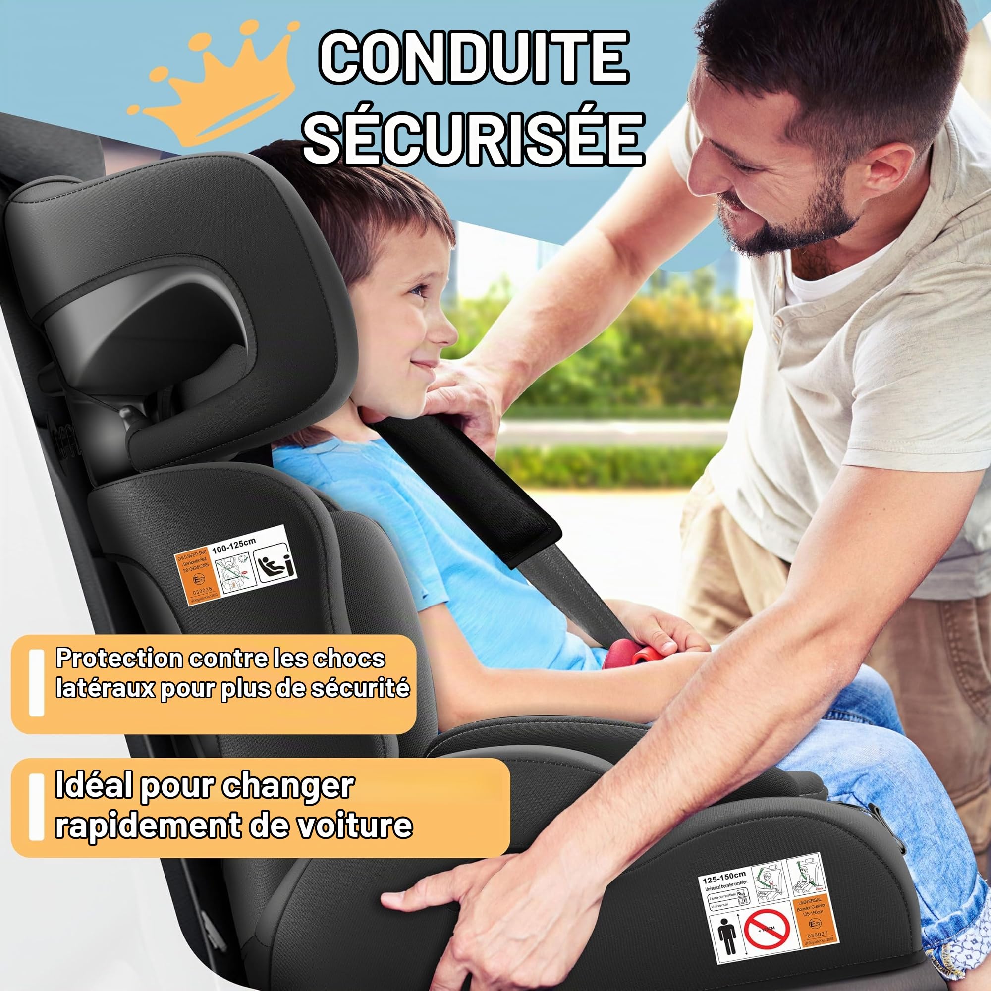 KIDIZ® i-Size R129 Siège auto pour enfant de 100 à 150 cm jusqu'à 12 ans, groupe 1/2/3 sans Isofix, siège enfant qui grandit avec le corps, ceinture à 5 points et appui-tête réglable en hauteur, noir