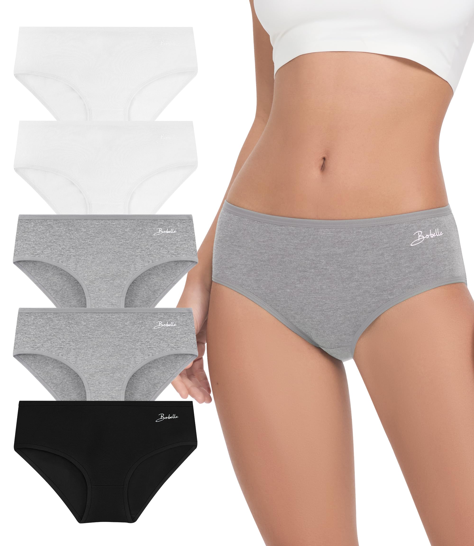 Bobelle Slips Damen Mehrpack, Baumwoll Unterwäsche Atmungsaktiv Bequeme Unterhosen Weich Stretch Hipster Panties (Schwarz,Grau,Weiß,M)