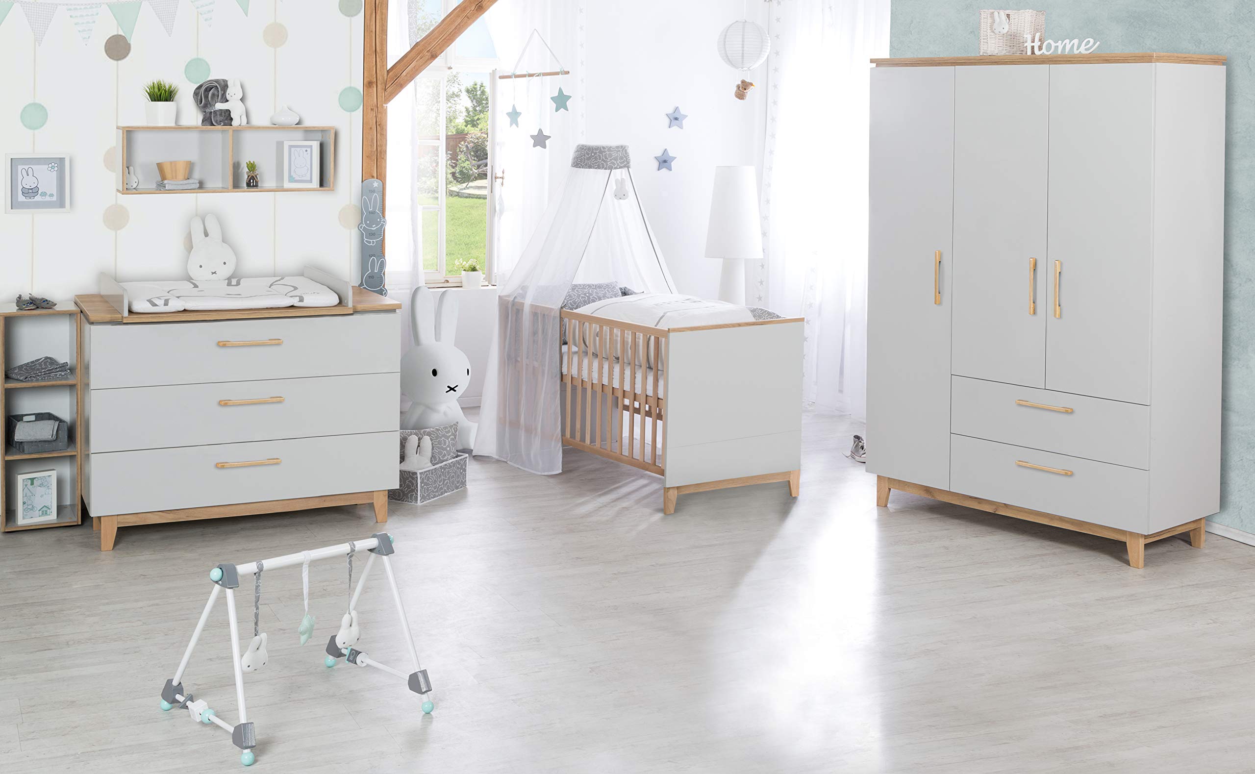 roba Set 'Caro', mit Kombi-Bett 70x140 cm, Wickelkommode & 3-türigem Schrank, Lichtgrau/Goldeiche