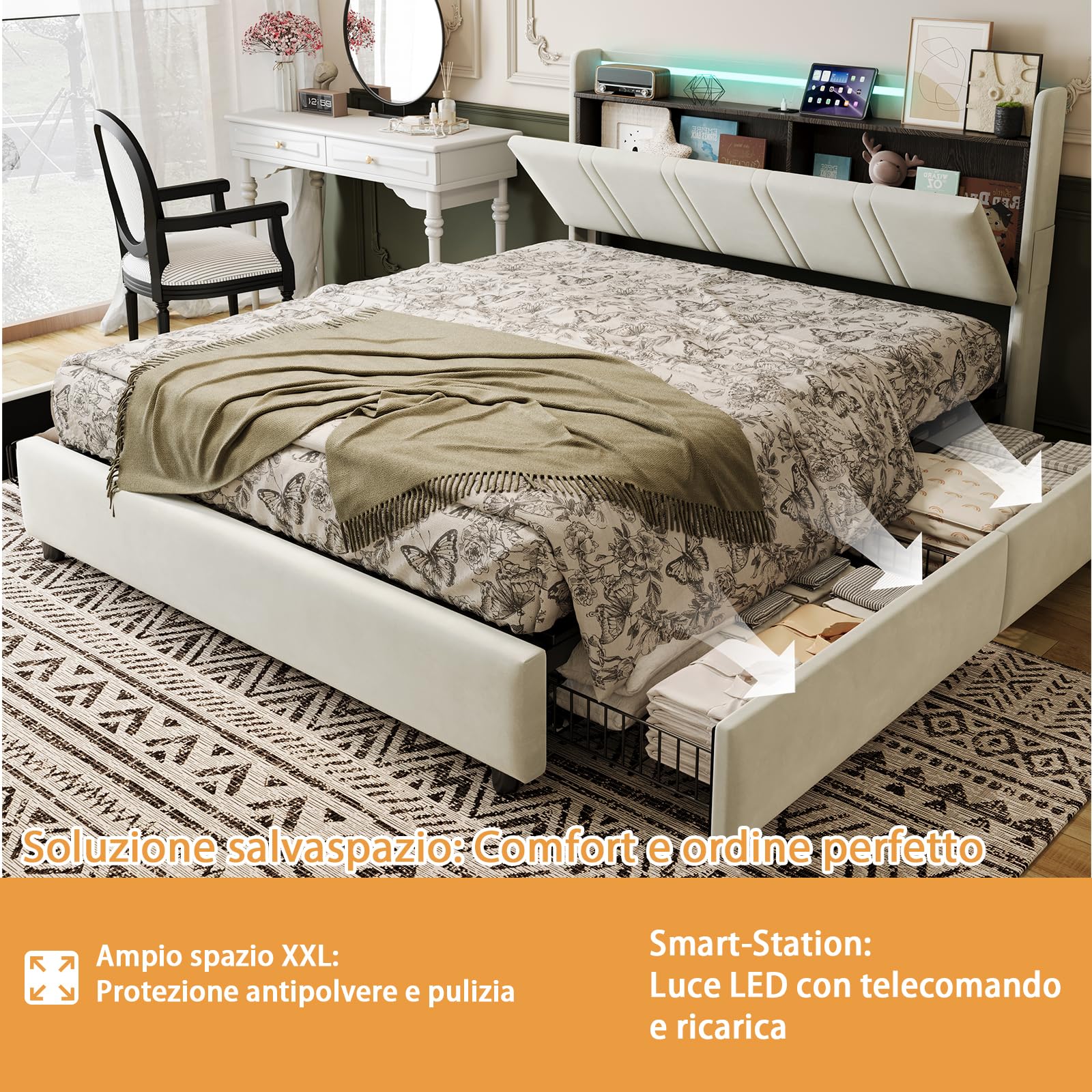 Letto con 4 Cassetti 140x200 cm, Velluto Beige con LED & TYPE-C, Testiera con 1 Ripiano, Salvaspazio, Struttura Letto con Doghe, Senza Materasso