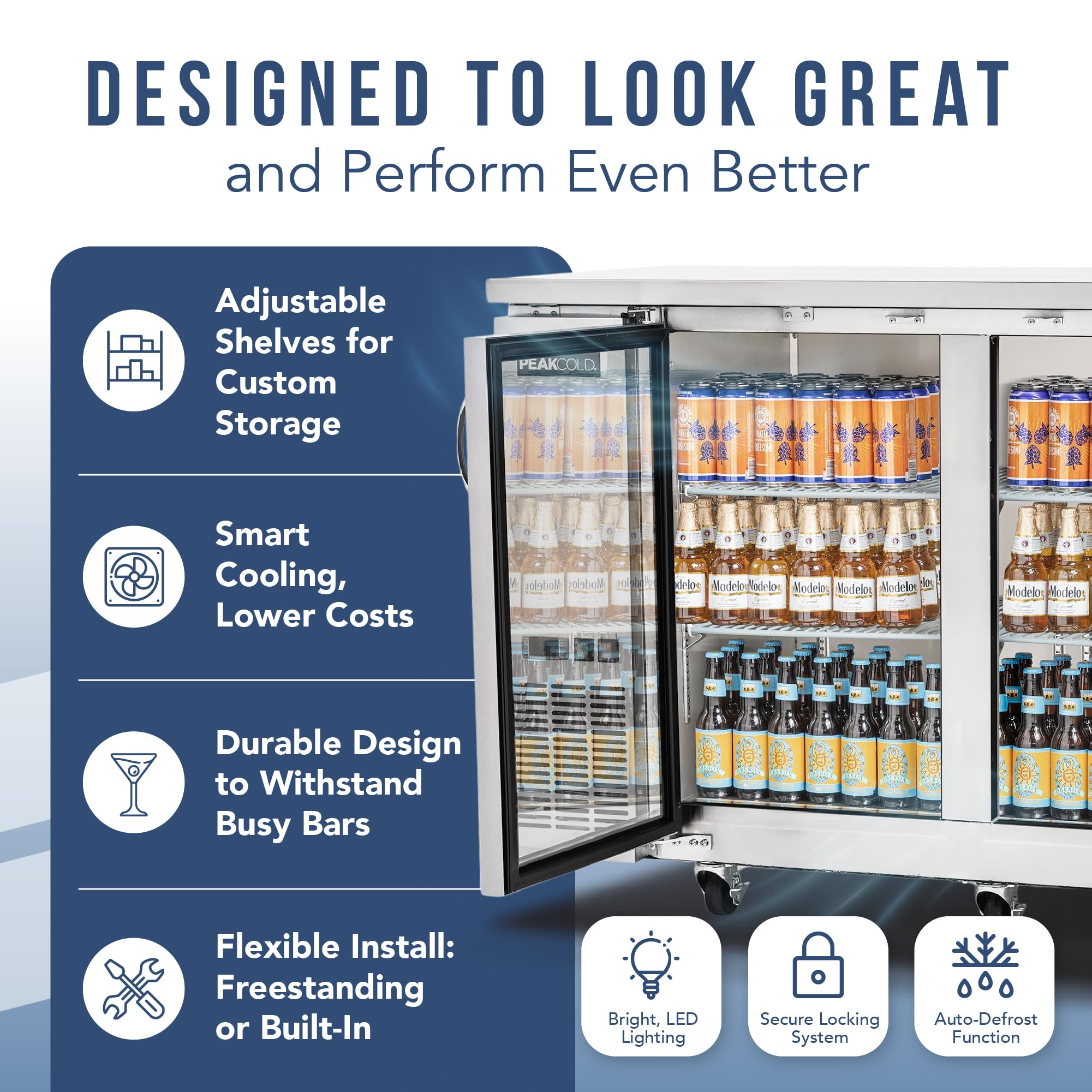 Peakcold 3-Door Counter Height Beverage Refrigerator - 73" Wide Energy Efficient Stainless Steel Beer Fridge With Glass Doors & White LED Lighting - Commercial Back Bar Cooler on Fridge.com - View 4