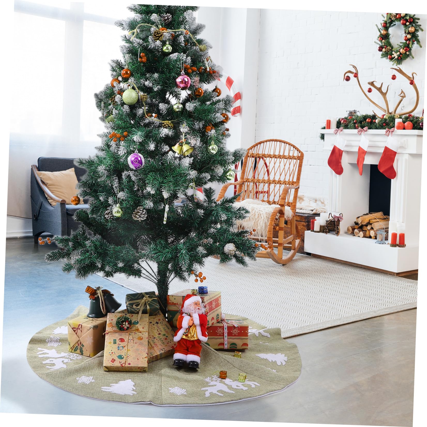 POPETPOP 1pièce Jupe de Sapin de Noël Tissu Épais avec Broderie Festive Cache-Pied Décoratif pour Intérieur Jupe de Noël avec Motifs Flocons et Cerfs Décoration Traditionnelle Élégante