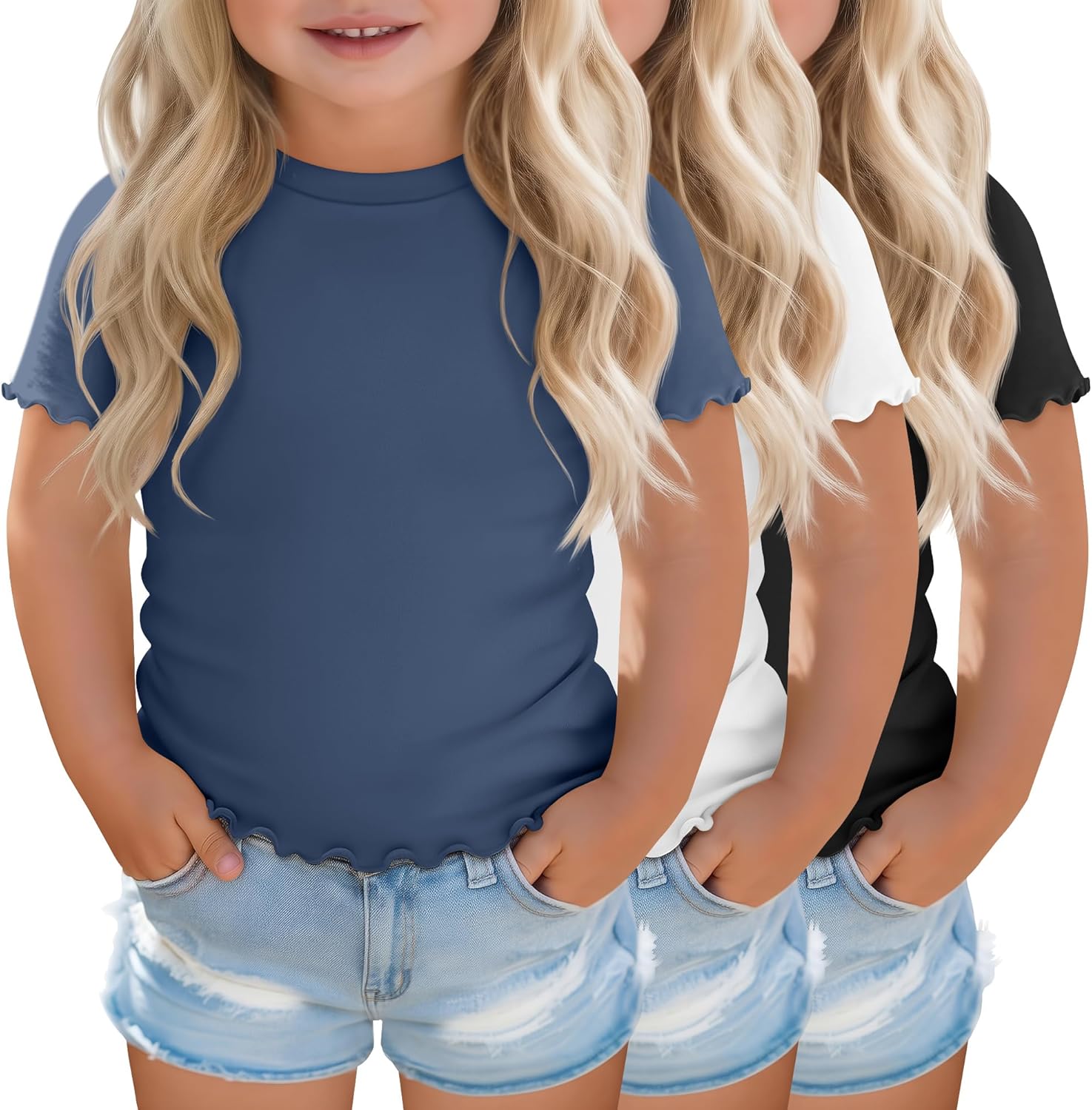 3 Pack Toddler Girl's Short Sleeve Shirts Lettuce Trim Crew Neck T-Shirts Summer Tee Cute Baby Girl Tops