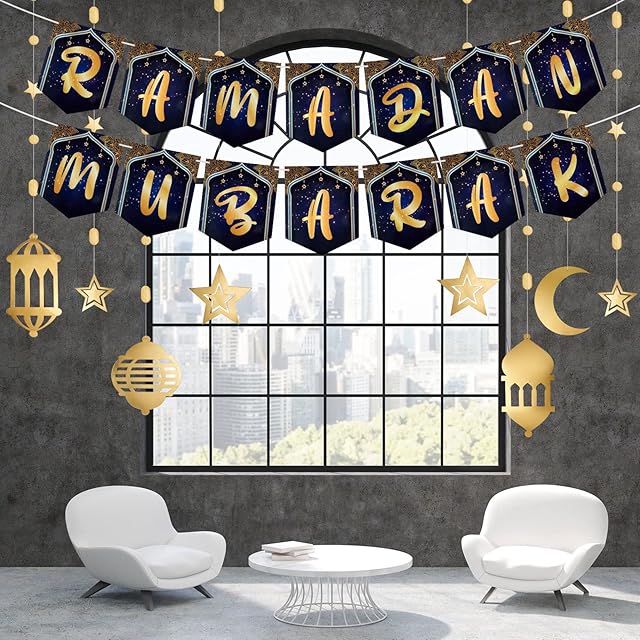 10 Pieces Eid Mubarak Ramadan Decorations Include 8 Pieces Iridescent Star Moon Garland 2 Pieces Ramadan Banners Holographic Black Gold Decorations for Lesser Bairam Islam Wedding Birthday Party