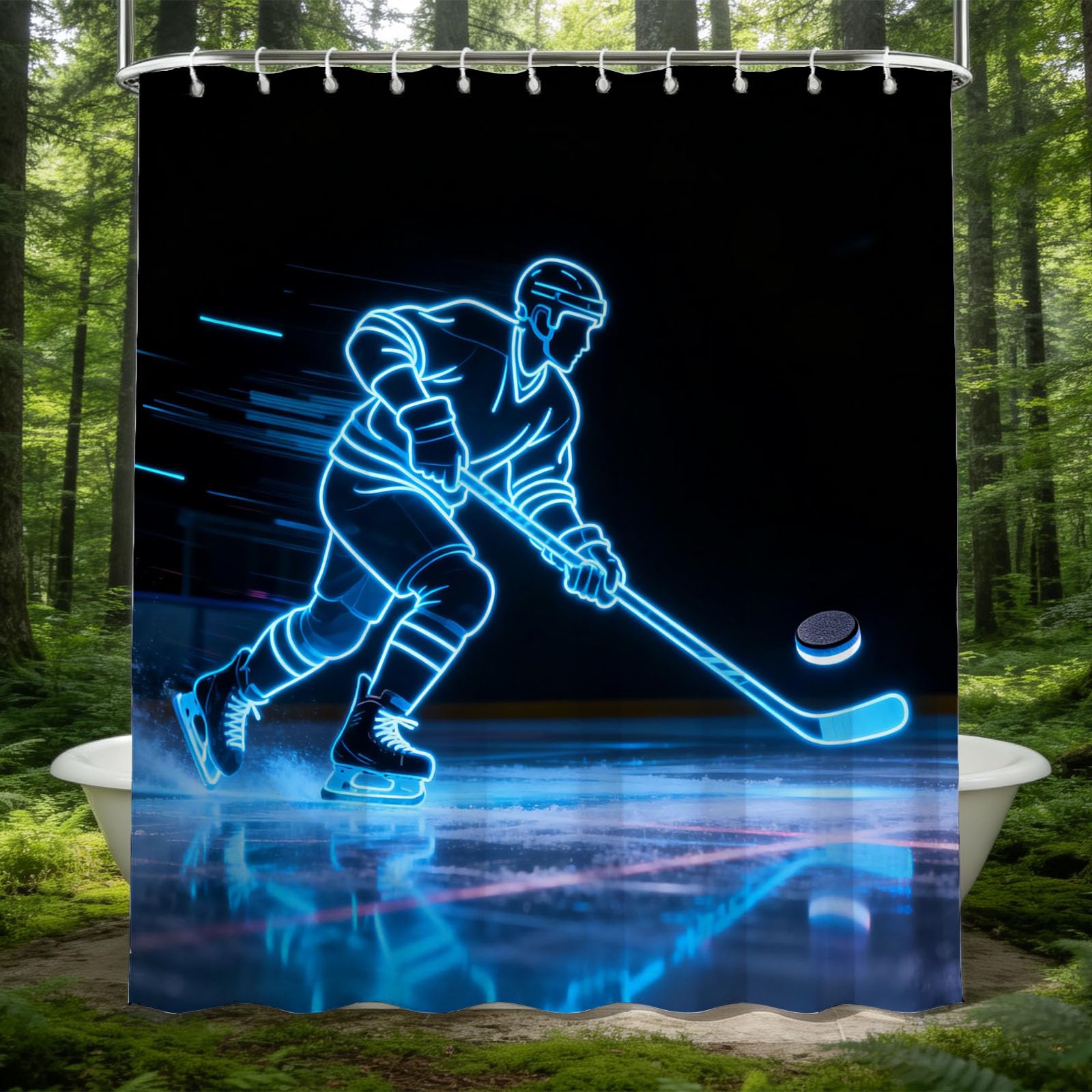 Hongduo 3D Neon Ice Hockey Shower Curtain for Stalls Bathtubs Hockey Puck Bathroom Decor Shower Curtain Set Polyester Fabric Waterproof 180x180cm/71X71 Inch with Hooks