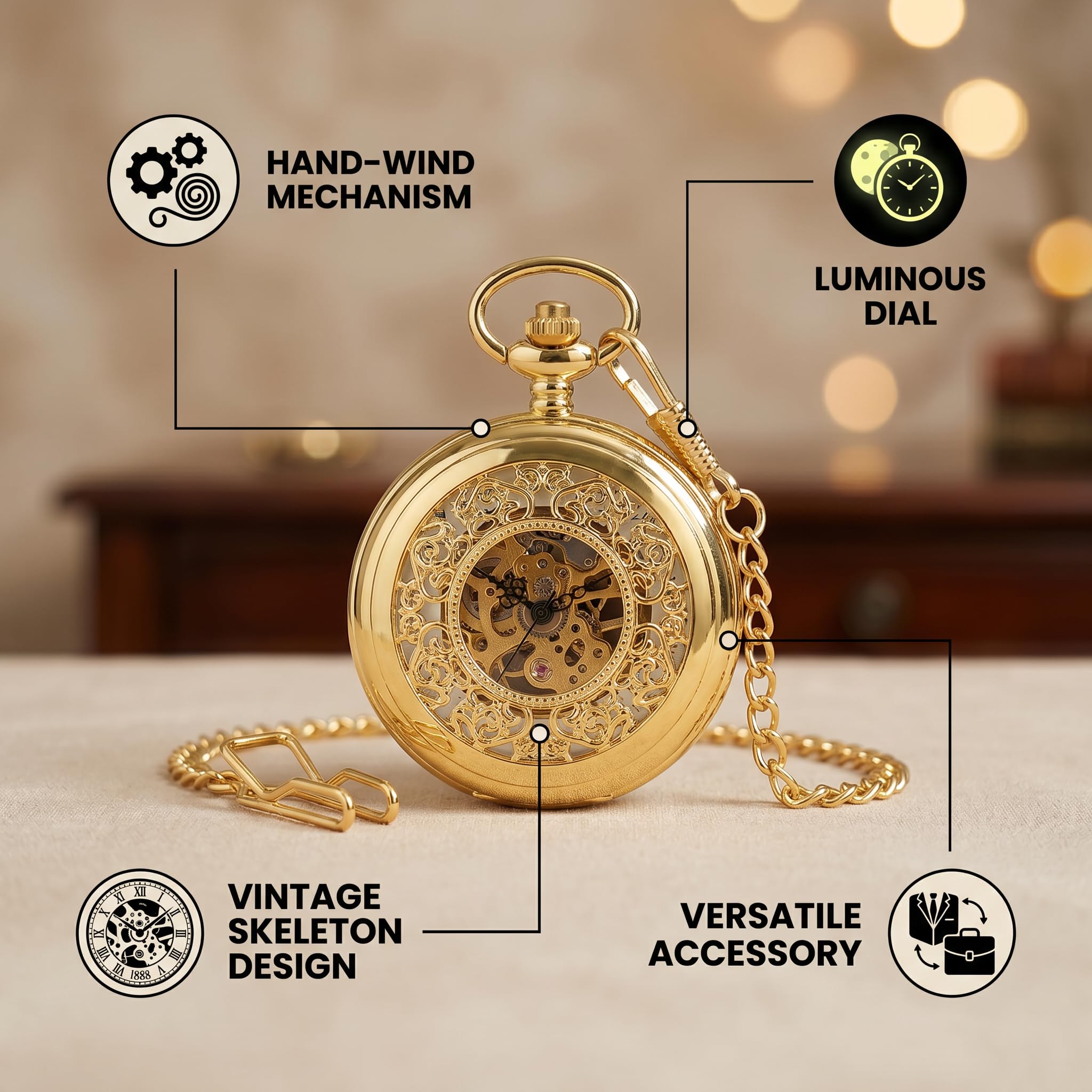 Orologio da Tasca Meccanico, Lancette Luminose a Carica Manuale Orologio da Tasca Scheletrato Stile Vintage Steampunk con Catena per Donna Uomo