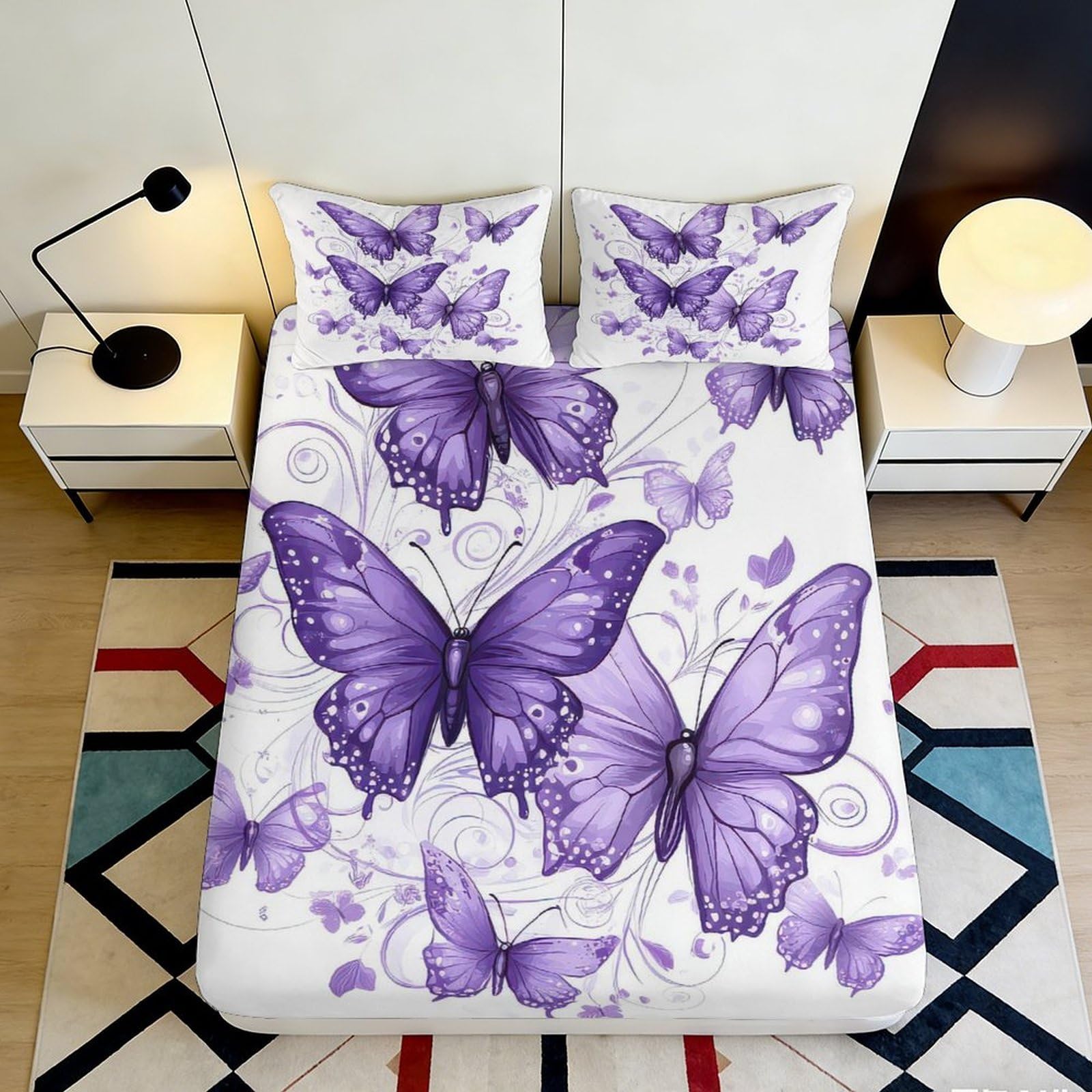 3D Printed Purple Butterfly Fitted Sheet Microfiber Soft Anti-Slip Bed Cover for Bedroom Dorm Mattress Decor 120x200cm 140x200x25cm
