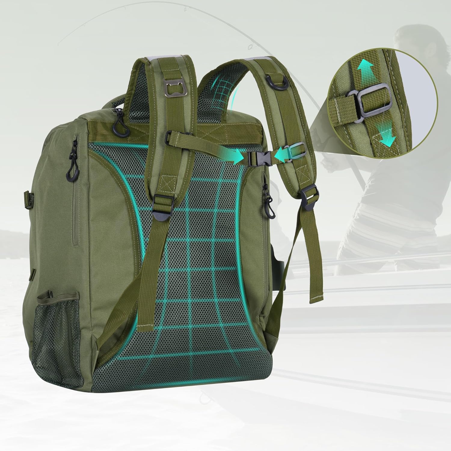 Fishing Backpack, Fishing Tackle Backpack with Cooler, Large 18"x14"x11" Storage, Adjustable Compartments, Ergonomic Design for Fishing, Hiking, and Outdoor Adventures(Dark green)
