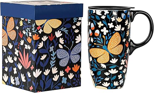 DUSVALLY Taza de café de cerámica de 17 onzas, bonita taza de porcelana con asa y caja, azul