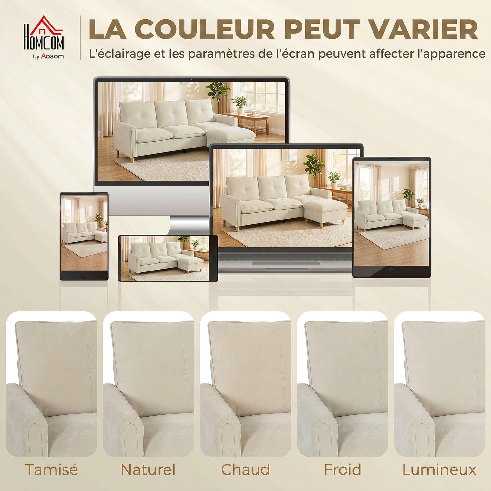 HOMCOM Divano a 3 posti con pouf portaoggetti divano angolare modulabile 210 cm moderno seduta ampia imbottita cuscini a molla, tessuto effetto lino, gambe in legno di albero della gomma, per | Ottomano di stoccaggio