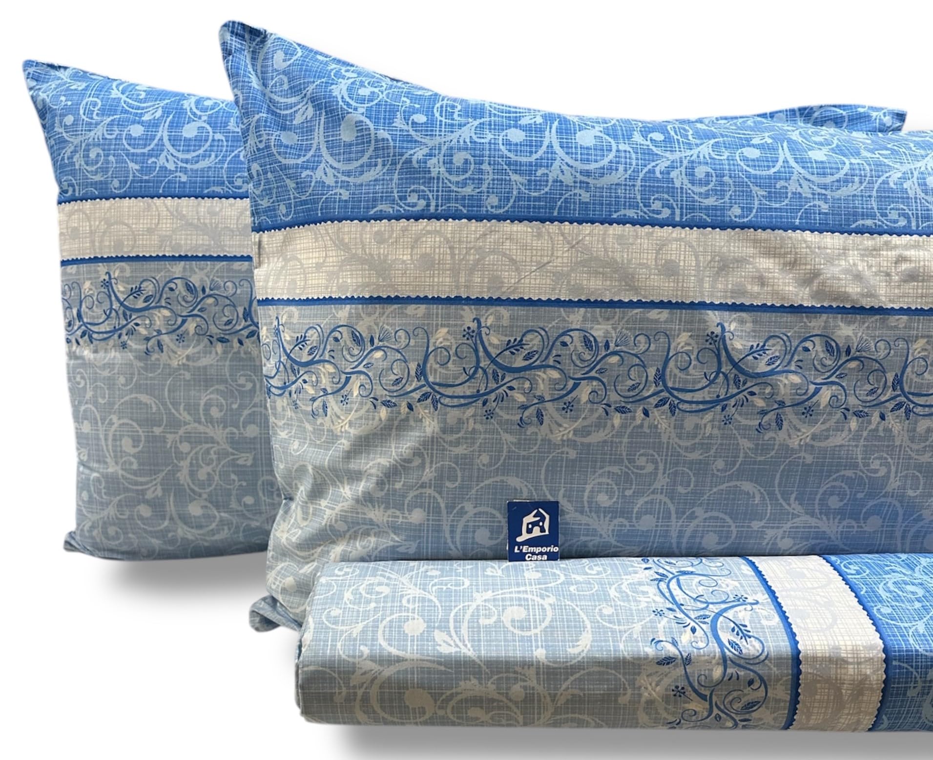 L'Emporio Casa Set Completo Lenzuola Matrimoniale Chloè, 100% Cotone Italiano, Effetto Setato (Drappo Azzurro)
