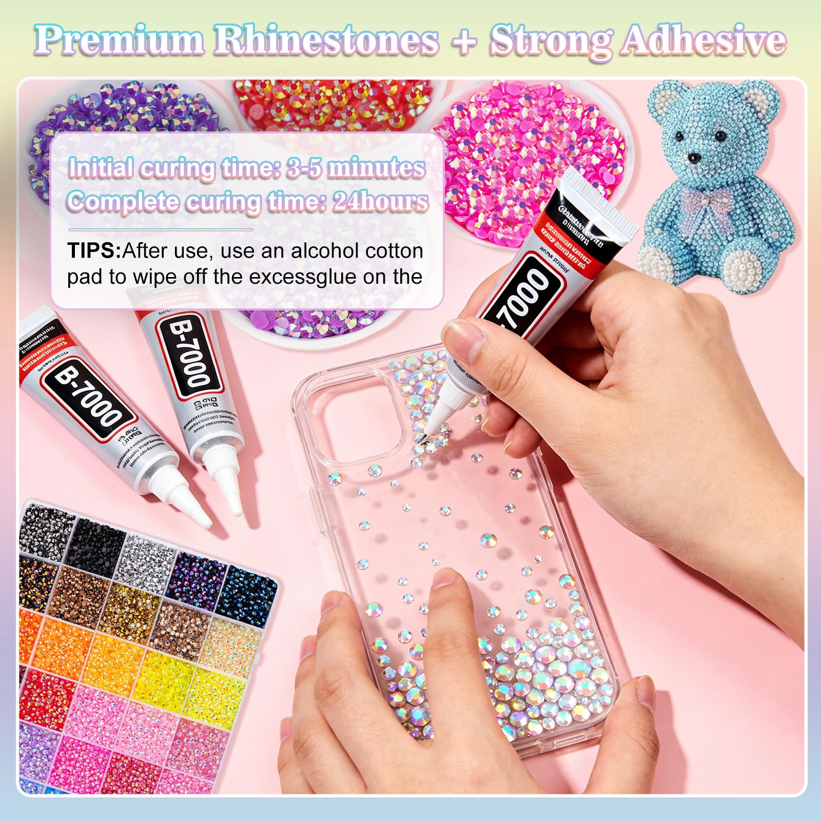 40000Pcs 40 Colors Resin Jelly Rhinestones Kit with B7000 Glue & Tools, Bedazzling Kit, Bedazzler Kit with Rhinestones for Shoes, Clothes, Nail Art, DIY Crafts & Rhinestones for Bedazzling (3mm) - 4
