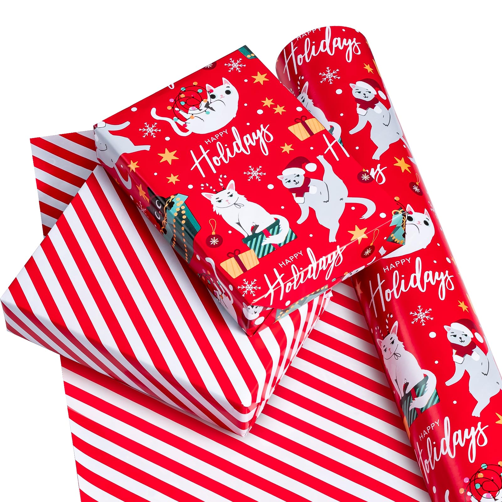 WRAPAHOLIC Papel de regalo reversible de Navidad, 30 pulgadas x 100 pies, rollo jumbo, diseño de gatos y rayas de Navidad rojo