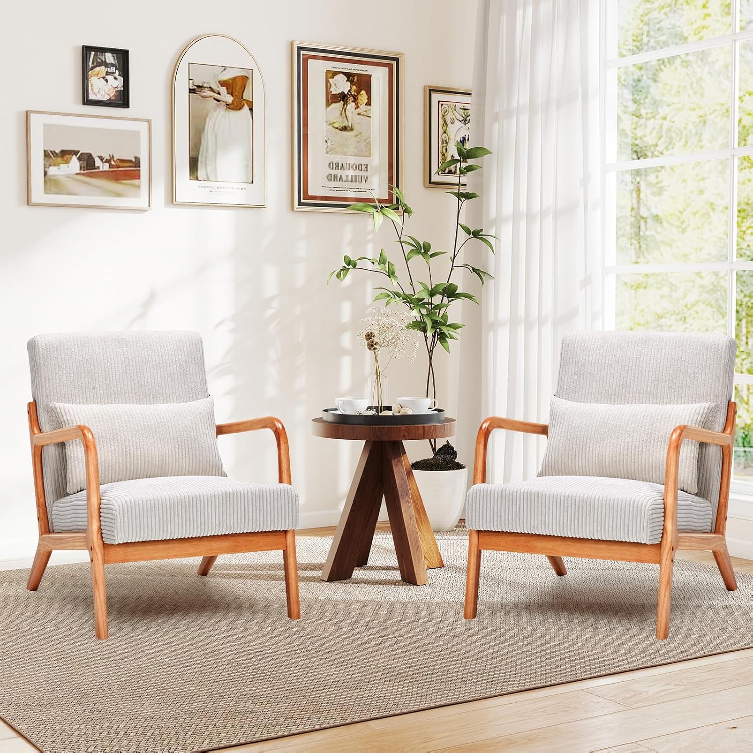 Rovibek Striped Accent Chair Set of 2 - Modern Accent Chairs with Lumbar Pillow, Comfortable Reading Chair for Bedroom with 4.7in Thick Cushion, Small Living Room Chairs for Small Spaces