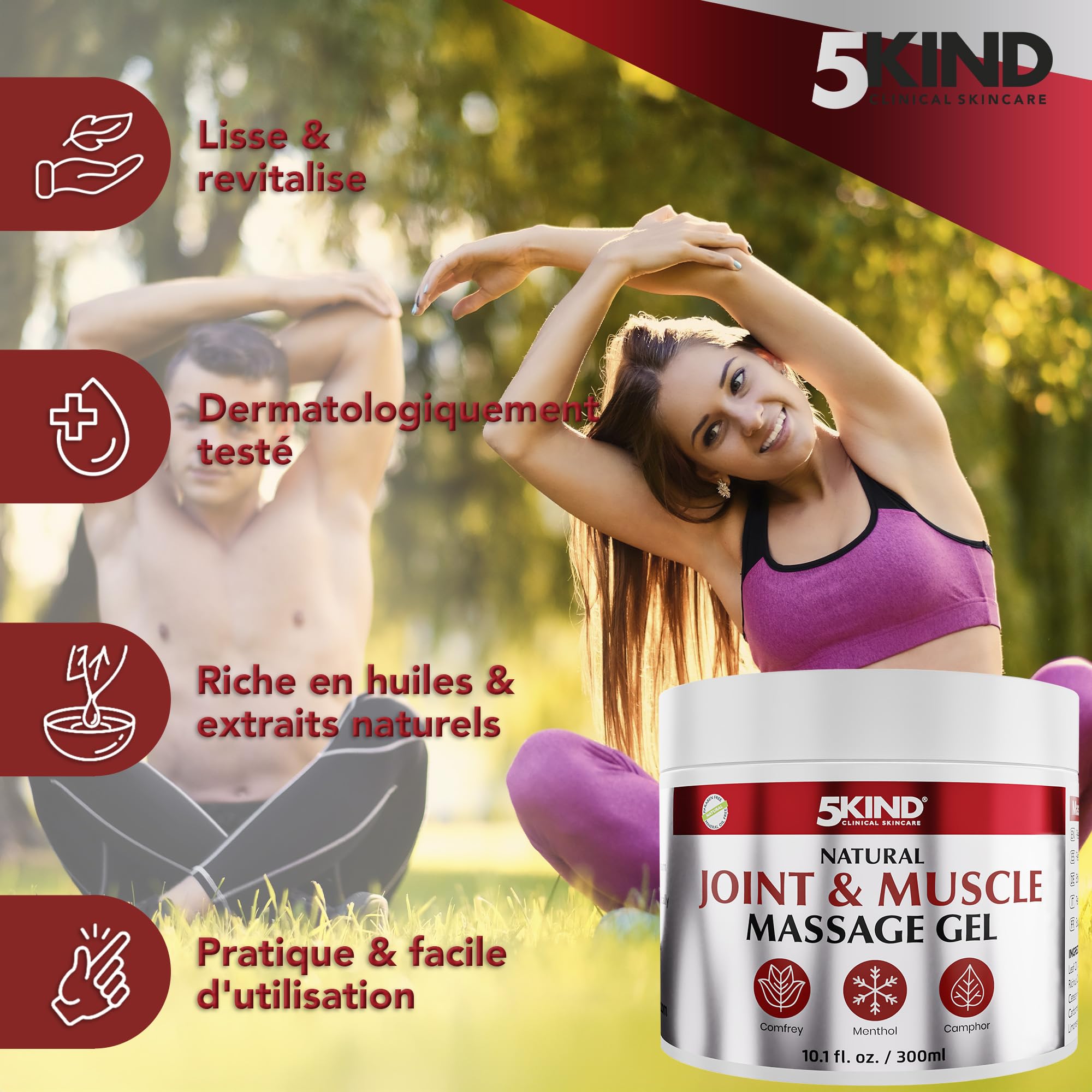 5kind Gel fraîcheur naturel articulation & muscle 300 ml - Crème calendula, camphre, consoude & menthol - Gel musculaire revitalisant puissant - Gel de massage dos, muscles, genoux, cou & épaules