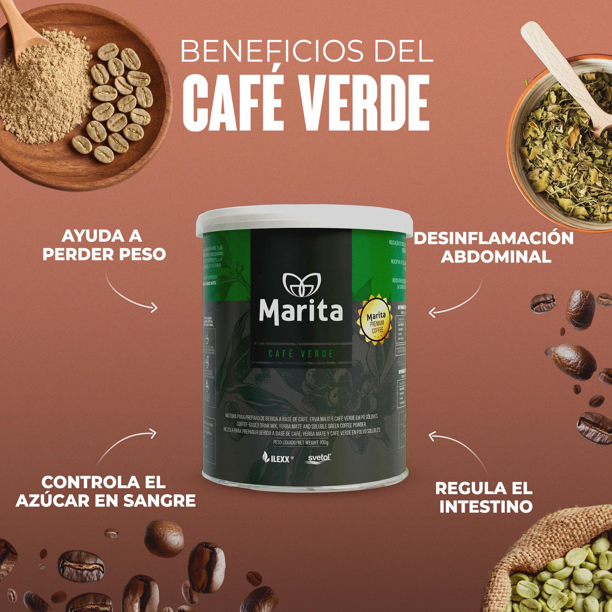 Café Marita Verde, Café Funcional con Efecto Termogénico, Apoya la Regulación Intestinal y el Control de Peso, 100 g, Hasta 66 Dosis