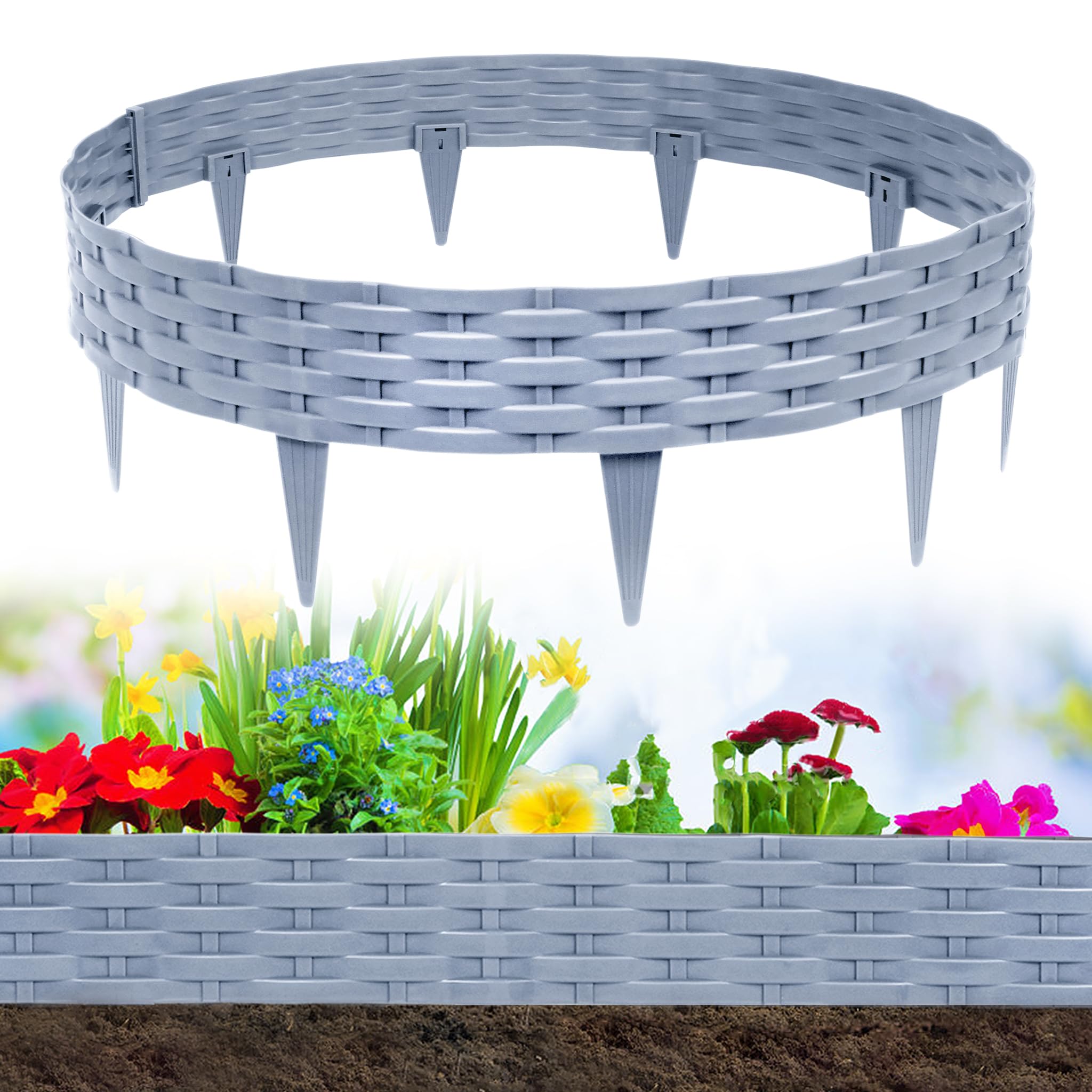 UISEBRT Rasenkante Kunstoff 10m Beeteinfassung Gartenzaun Beetumrandungen Rattan-Optik Randsteine Palisaden Garten Dekorativ Border Blumenbeet Gartenpalisade, Grau